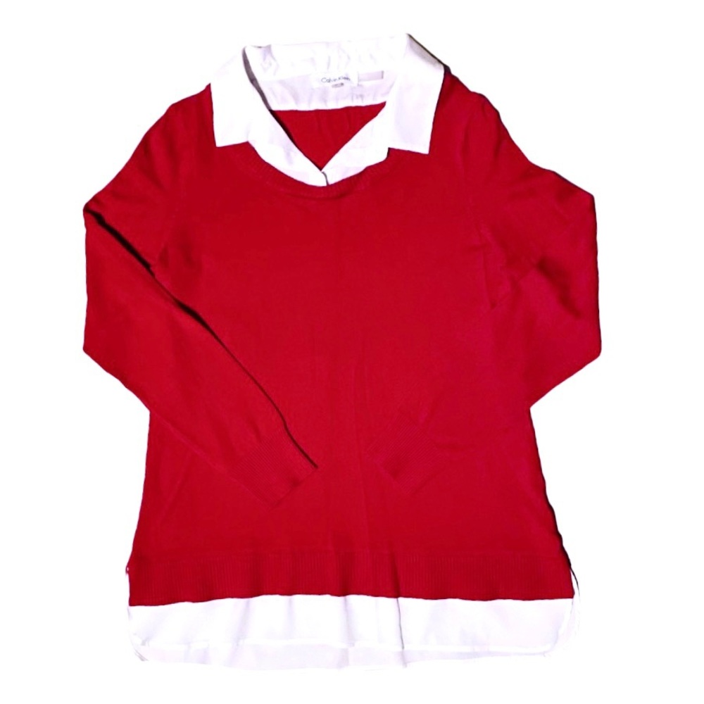 Calvin Klein Crewneck Pullover Sweater With Poplin Collar & Hem Women’s Medium